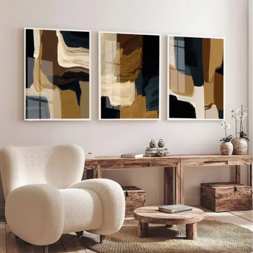 Kit 3 Quadros Decorativos Abstrato Moderno Marrom com Vidro