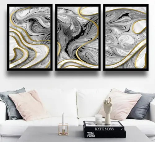 Kit 3 Quadros Decorativos Abstrato Moderno Para Sala Moldura