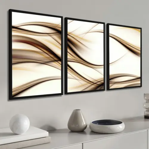 Kit 3 Quadros Decorativos Abstrato Moderno Sala Hall Moldura