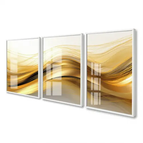 Kit 3 Quadros Decorativos Abstrato Ondas Douradas com Vidro