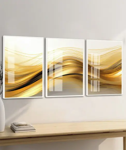 Kit 3 Quadros Decorativos Abstrato Ondas Douradas com Vidro
