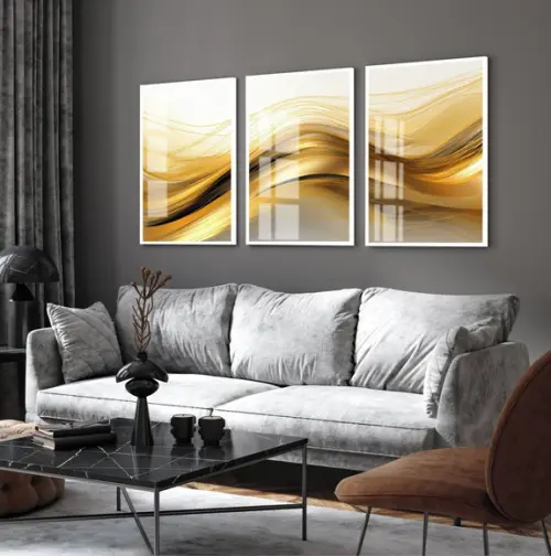 Kit 3 Quadros Decorativos Abstrato Ondas Douradas com Vidro