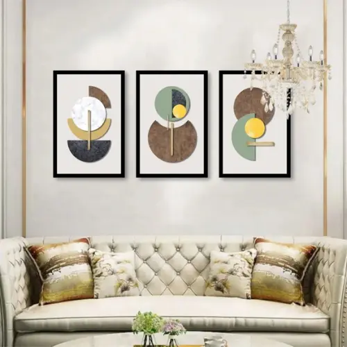 Kit 3 Quadros Decorativos Abstrato Para Sala Dourado Moldura
