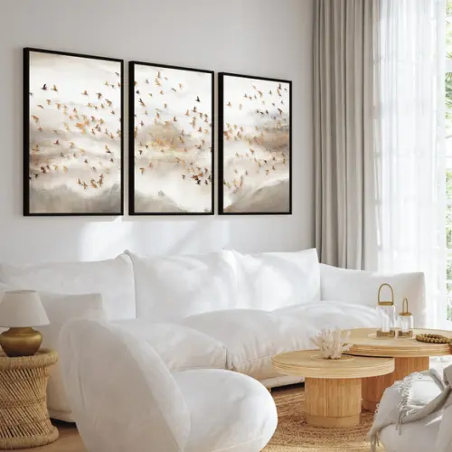 Kit 3 Quadros Decorativos Abstrato Pássaros Dourados Moldura