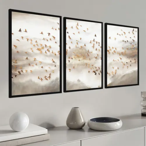 Kit 3 Quadros Decorativos Abstrato Pássaros Dourados Moldura