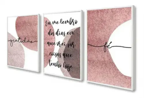 Kit 3 Quadros Decorativos Abstrato Rosa Frases Sala Moldura