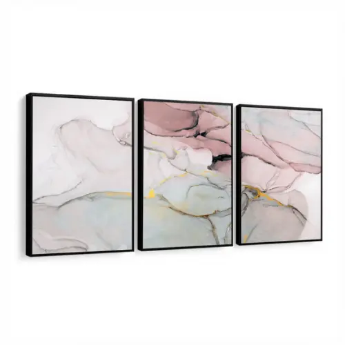 Kit 3 Quadros Decorativos Abstrato Rosa Gold Mármore Moldura