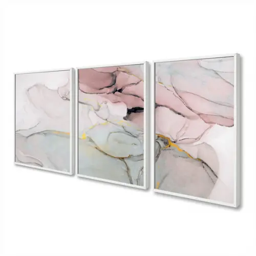 Kit 3 Quadros Decorativos Abstrato Rosa Mármore Gold Moldura