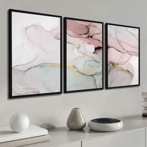 Kit 3 Quadros Decorativos Abstrato Rosa Gold Mármore Moldura