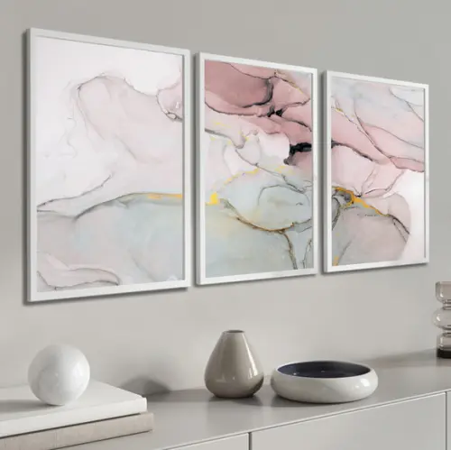 Kit 3 Quadros Decorativos Abstrato Rosa Mármore Gold Moldura