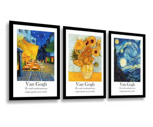 Kit 3 Quadros Decorativos Abstrato Vincent Van Gogh Molduras