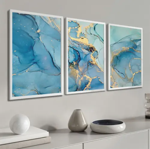 Kit 3 Quadros Decorativos Abstratos Azul Gold Quarto Sala