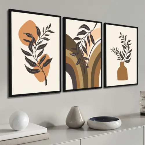 Kit 3 Quadros Decorativos Abstratos Folhagem Boho Moldura