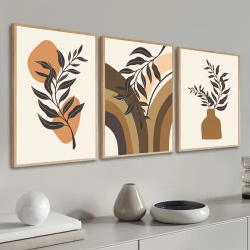 Kit 3 Quadros Decorativos Abstratos Folhagem Marrom Moldura