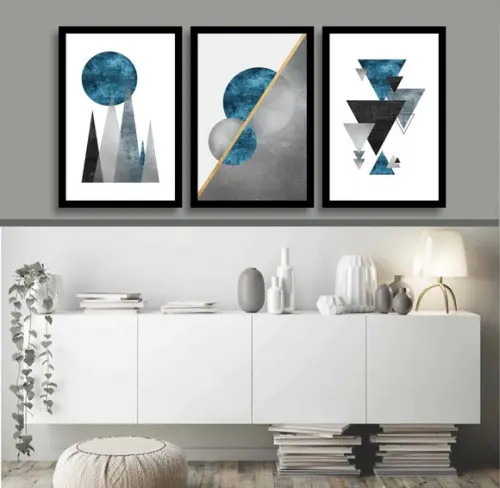 Kit 3 Quadros Decorativos Abstratos Geométrico Azul e Cinza