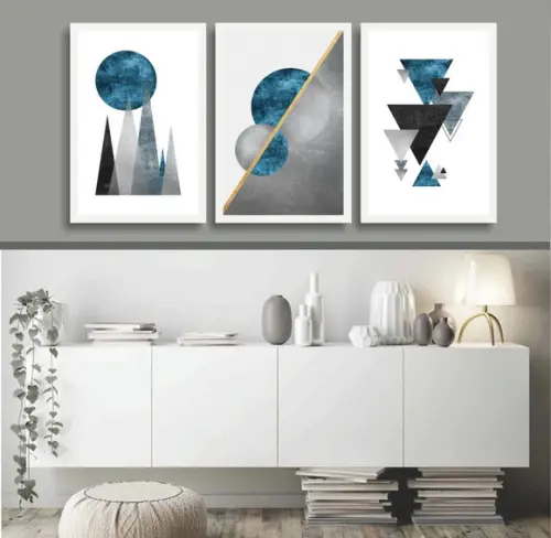 Kit 3 Quadros Decorativos Abstratos Geométrico Azul Moldura