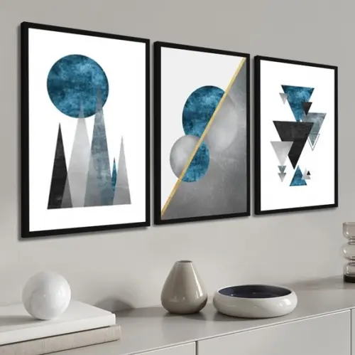 Kit 3 Quadros Decorativos Abstratos Geométrico Azul e Cinza