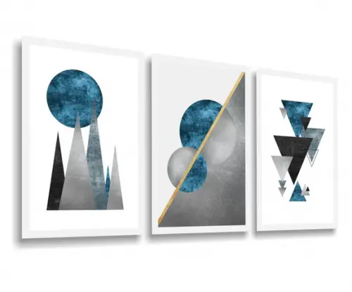 Kit 3 Quadros Decorativos Abstratos Geométrico Azul Moldura