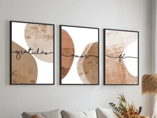 Kit 3 Quadros Decorativos Abstratos Geométrico Marrom Frases