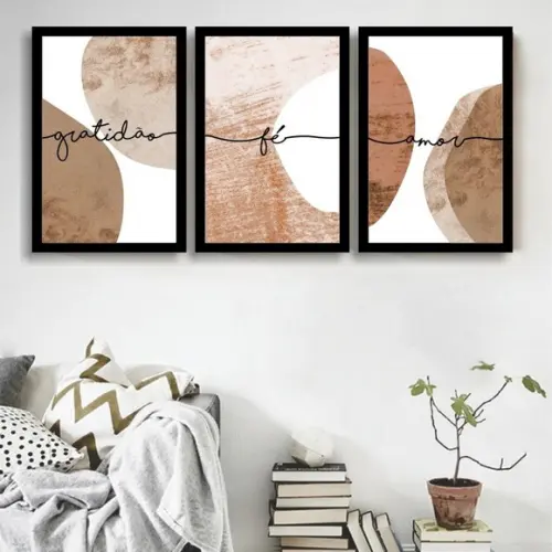 Kit 3 Quadros Decorativos Abstratos Geométrico Marrom Frases