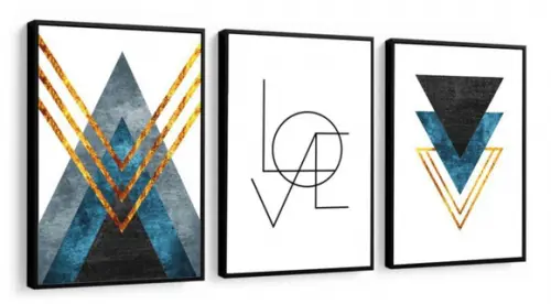 Kit 3 Quadros Decorativos Abstratos Modernos Azul Gold Hall