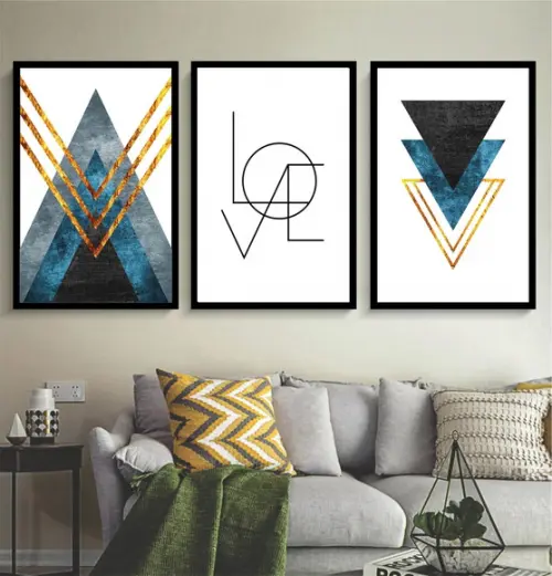 Kit 3 Quadros Decorativos Abstratos Modernos Azul Gold Hall