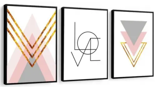 Kit 3 Quadros Decorativos Abstratos Modernos Love Rosa Gold