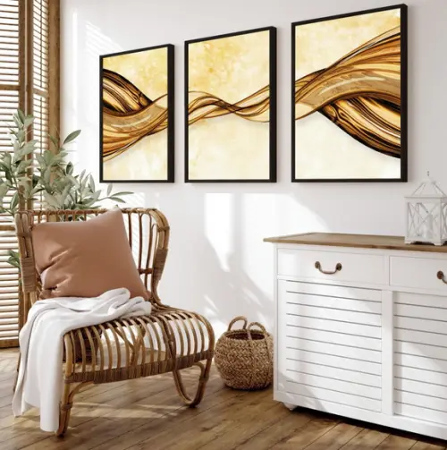 Kit 3 Quadros Decorativos Abstratos Modernos Dourado Moldura