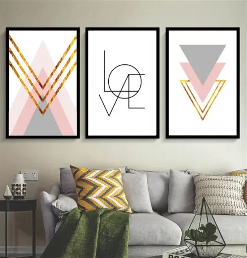 Kit 3 Quadros Decorativos Abstratos Modernos Love Rosa Gold