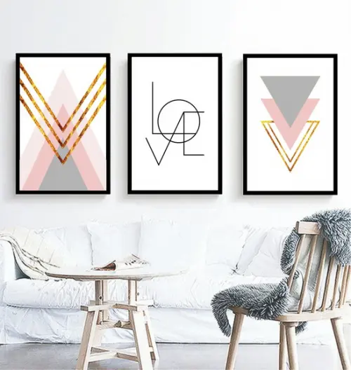 Kit 3 Quadros Decorativos Abstratos Modernos Love Rosa Gold