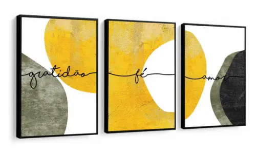 Kit 3 Quadros Decorativos Amarelo Gratidão Amor Com Moldura