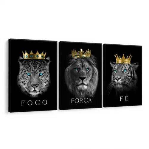 Kit 3 Quadros Decorativos Animais Foco Força Fé com Moldura