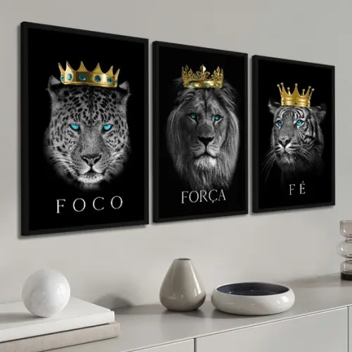 Kit 3 Quadros Decorativos Animais Foco Força Fé com Moldura