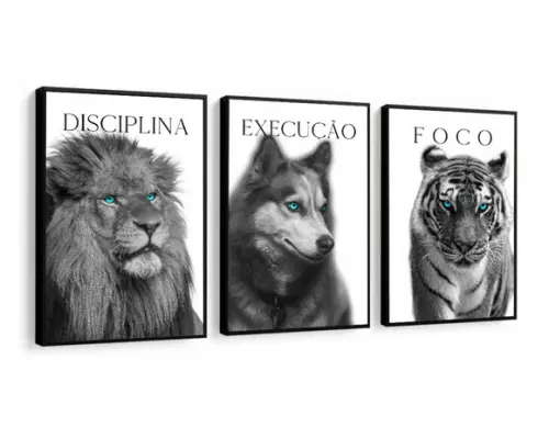 Kit 3 Quadros Decorativos Animais Frases Motivação Moldura