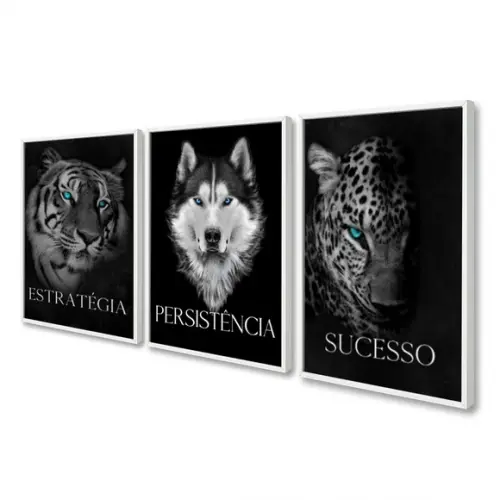Kit 3 Quadros Decorativos Animais Frase Motivacional Moldura