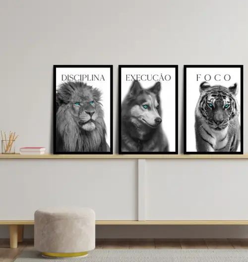 Kit 3 Quadros Decorativos Animais Frases Motivação Moldura