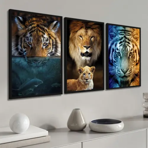 Kit 3 Quadros Decorativos Animais Leão Tigre Moderno Moldura