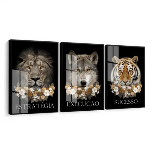 Kit 3 Quadros Decorativos Animais Motivacional Moldura Vidro