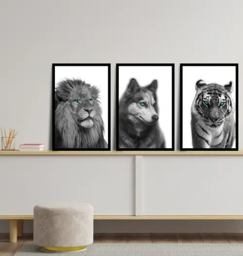 Kit 3 Quadros Decorativos Animais Preto e Branco Com Moldura