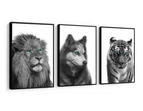 Kit 3 Quadros Decorativos Animais Preto e Branco Com Moldura