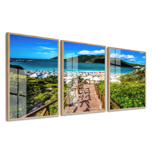 Kit 3 Quadros Decorativos Arraial Do Cabo Com Moldura Vidro