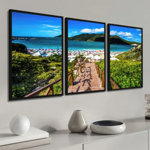 Kit 3 Quadros Decorativos Arraial Do Cabo Praia Com Moldura