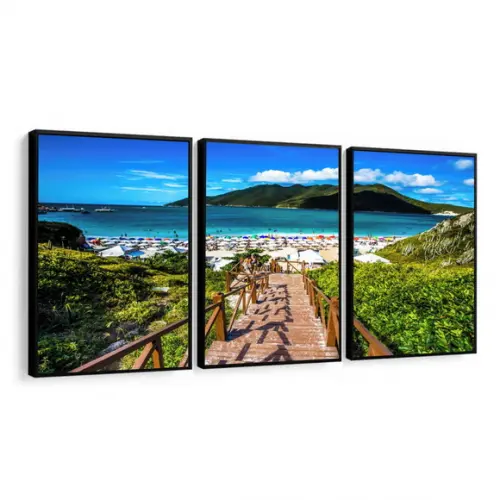 Kit 3 Quadros Decorativos Arraial Do Cabo Praia Com Moldura