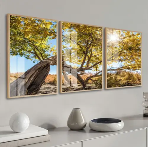 Kit 3 Quadros Decorativos Arvore Amarela com Moldura e Vidro