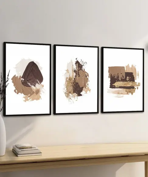 Kit 3 Quadros Decorativos Arte Modernos Marrom com Moldura