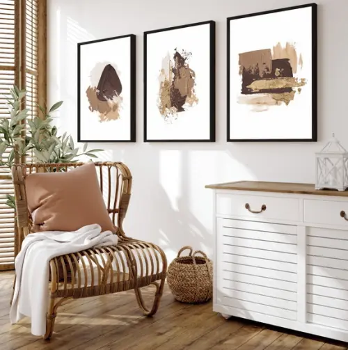 Kit 3 Quadros Decorativos Arte Modernos Marrom com Moldura