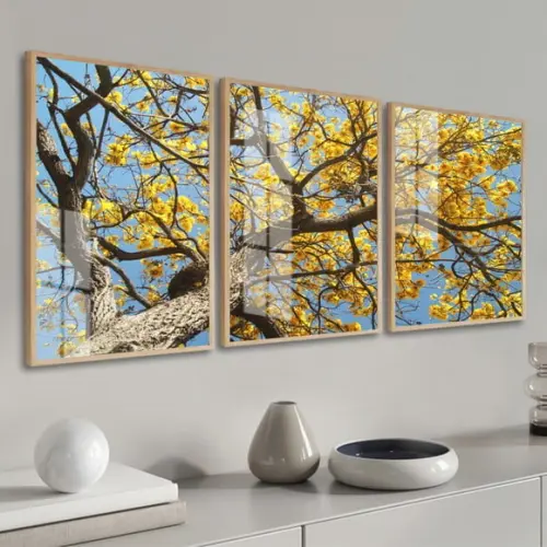Kit 3 Quadros Decorativos Arvore Amarela Com Moldura E Vidro