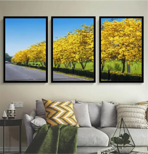 Kit 3 Quadros Decorativos Arvore Amarela Moderno Com Moldura