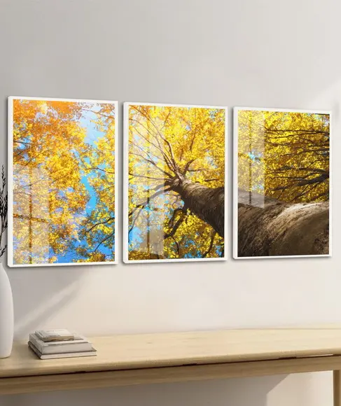 Kit 3 Quadros Decorativos Arvore Amarela Ipê Moldura e Vidro