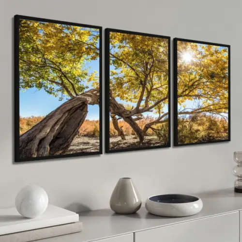 Kit 3 Quadros Decorativos Arvore Amarela Paisagem Moldura